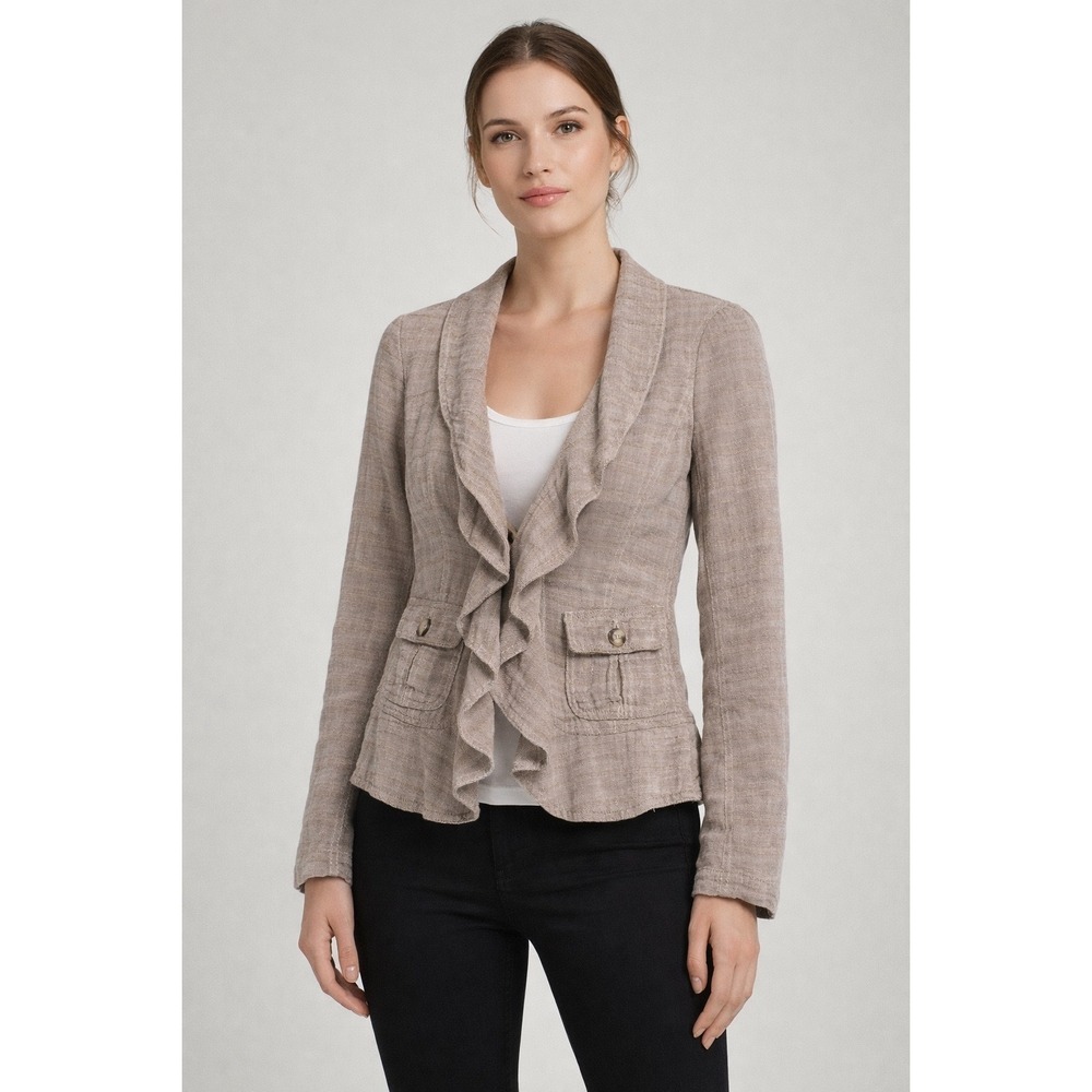 Rocha John Rocha‎ XS Blazer Jacket Waterfall Ruffle Front Pockets Beige Brown